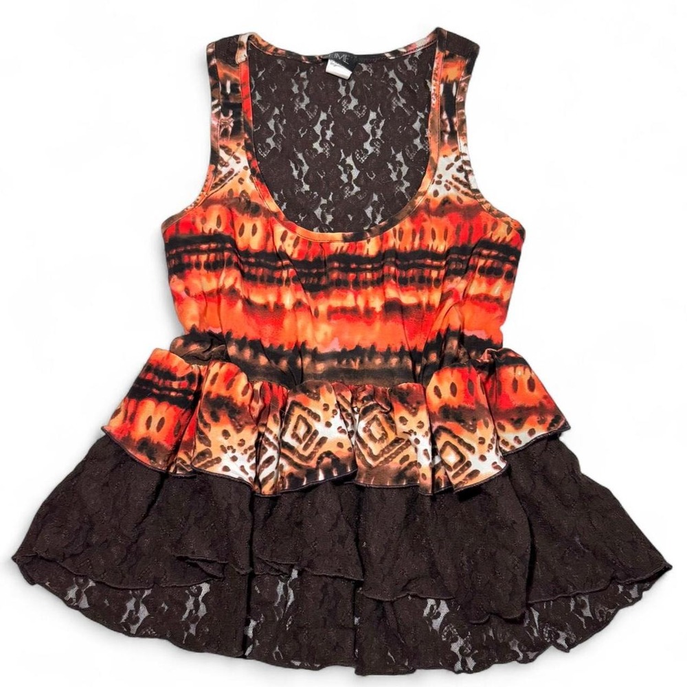 Y2K Orange Brown Patterned Lace Ruffle Boho Tank Top Size XL